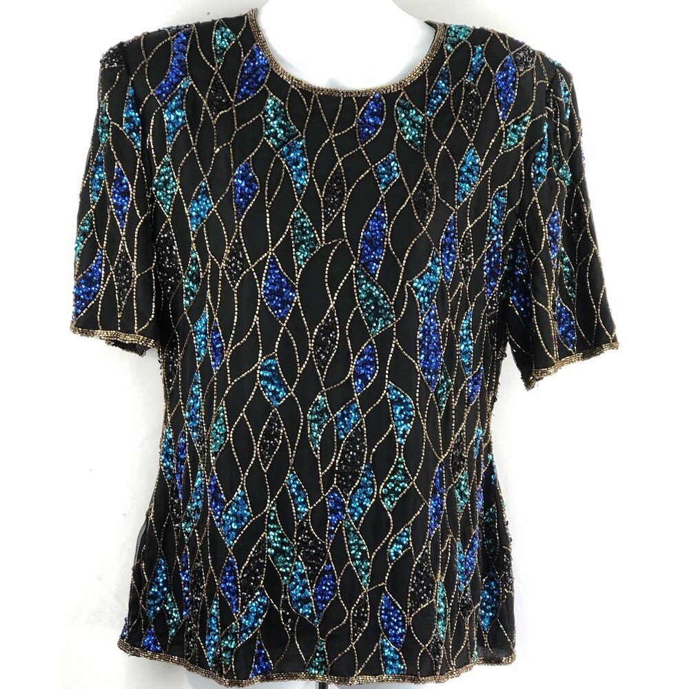 Vintage Scala 100% Silk Top PL Blk Sequin Beaded Formal 80s 90s Elegant Cocktail